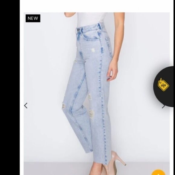 People ROF High Rise Maria Mom W/Rips Raw Edge Hem Faded Wash Skinny Leg Jeans - Picture 7 of 8